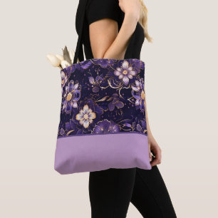 Dark Purple Floral and Faux Gold Colour Block Tote Bag