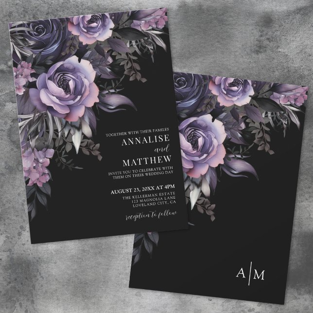 Dark Purple Floral Black Wedding Invitation (Dark Purple Floral Black Wedding Invitation)