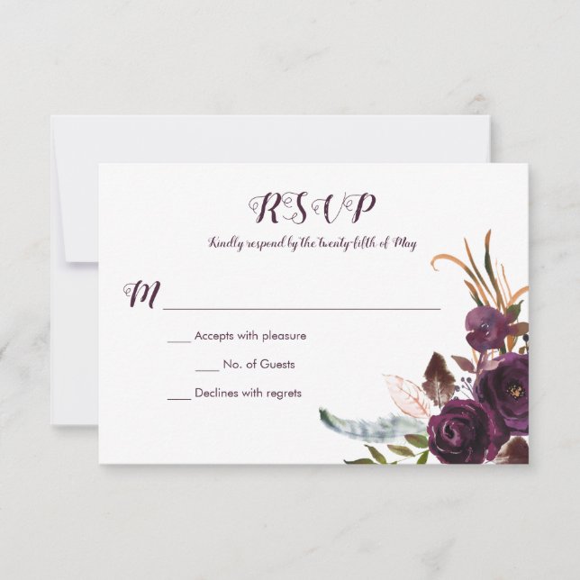 Dark Purple Floral Boho Fall Wedding RSVP (Front)