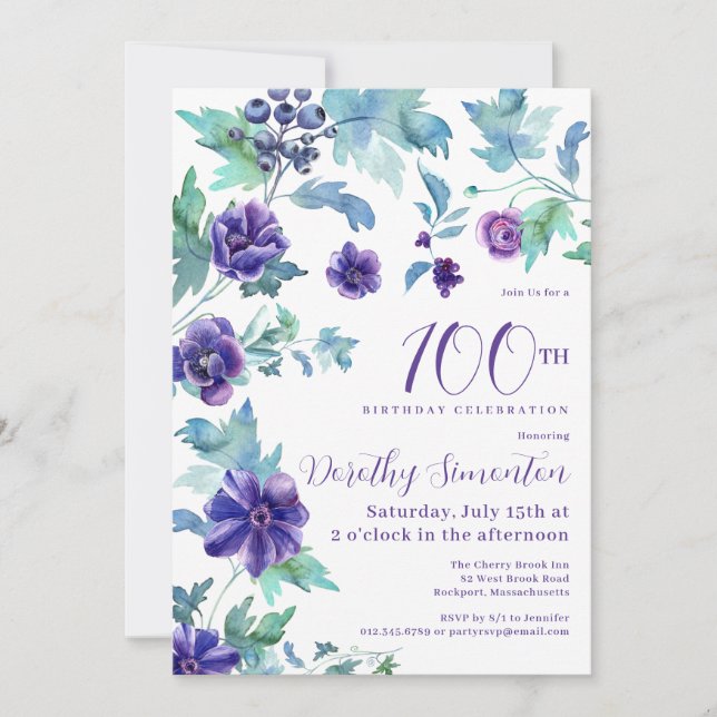 Dark Purple Floral  Botanical 100th Birthday Party Invitation (Front)
