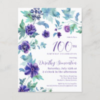 Dark Purple Floral Botanical 100th Birthday Party