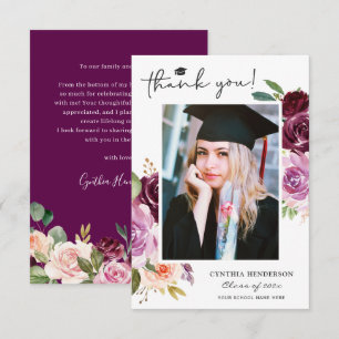 Dark Purple Floral Class of 2024 Graduation Photo Thank You Card