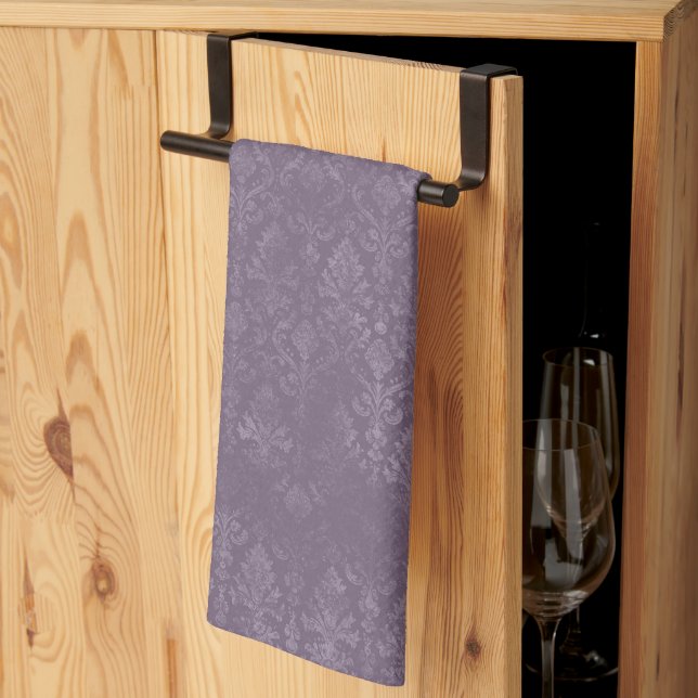 Dark Purple Floral Damask Pattern - Kitchen Towel (Thirds Fold)