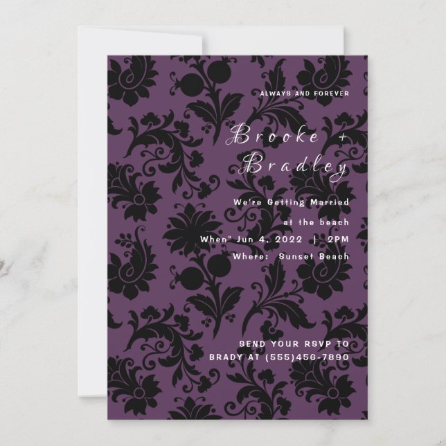 Dark Purple Floral Damask Wedding Invitation (Front)