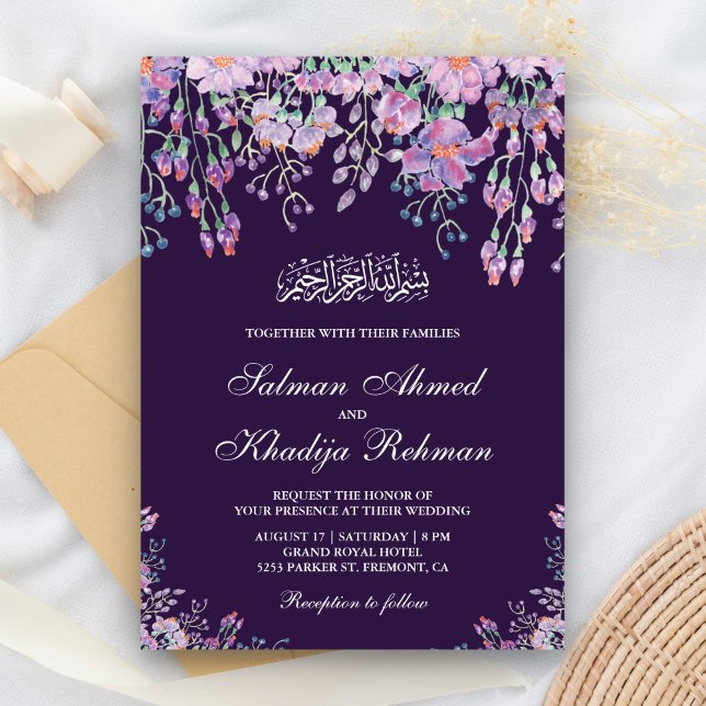 Dark Purple Floral Foliage Islamic Muslim Wedding Invitation (Creator Uploaded)