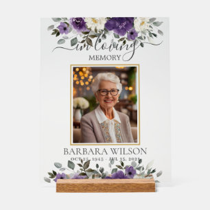Dark Purple Floral Funeral Memorial Picture Photo Acrylic Sign