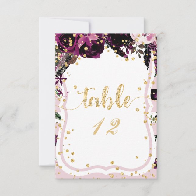 Dark Purple Floral Gold Table Number Seating Chart (Front)