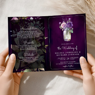 Dark Purple Floral Mason Jar QR Code Moody Wedding Invitation
