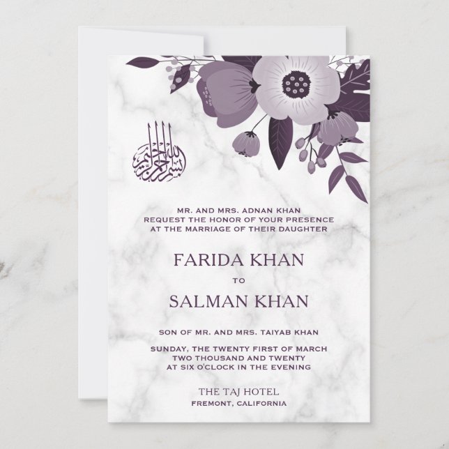 Dark Purple Floral White Marble Islamic Wedding Invitation (Front)
