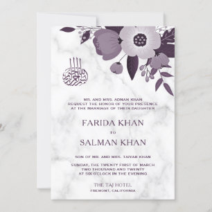 Dark Purple Floral White Marble Islamic Wedding Invitation