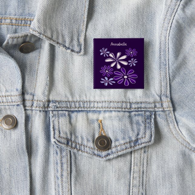 Dark Purple Flower Doodle Your Name 2 Inch Square Button (In Situ)