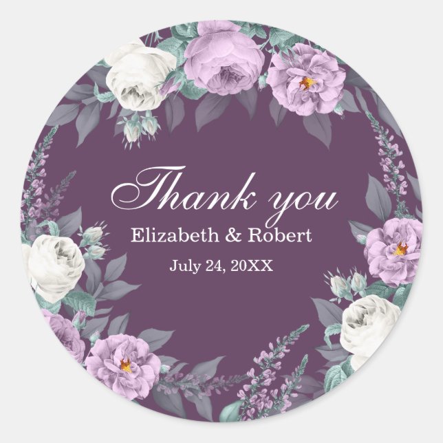 Dark Purple Flower Wedding Thank You Sticker (Front)