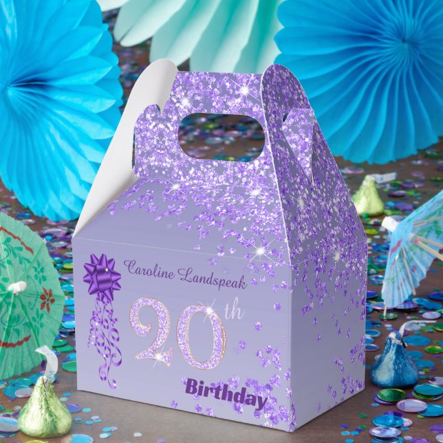 Dark Purple Glitter & Ribbon 20th Birthday Favor Box (Party)