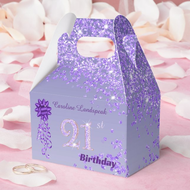 Dark Purple Glitter & Ribbon 21st Birthday Favor Box (Wedding)