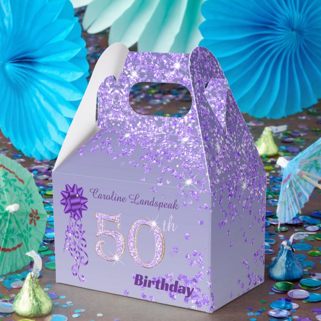 Dark Purple Glitter & Ribbon 50th Birthday Favor Box (Party)