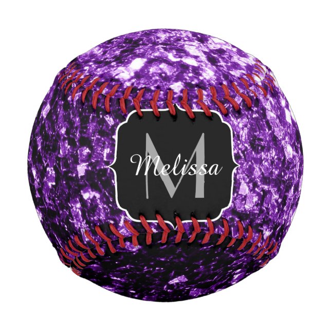 Dark purple glitter sparkle bling Monogram name Baseball (Front)