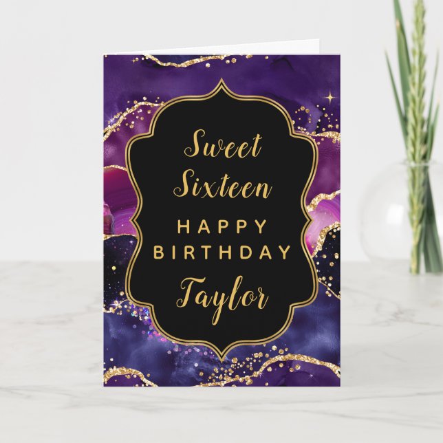 Dark Purple Gold Agate Sweet 16 Happy Birthday Card (Front)