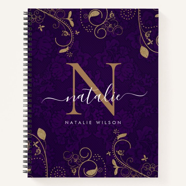 Dark Purple Gold Floral Ornaments Border Monogram Notebook (Front)