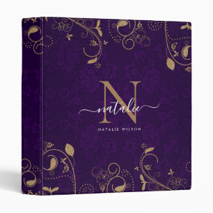 Dark Purple Gold Floral Ornaments Monogram Script Binder