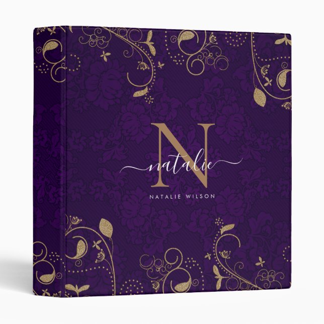 Dark Purple Gold Floral Ornaments Monogram Script Binder (Front/Spine)