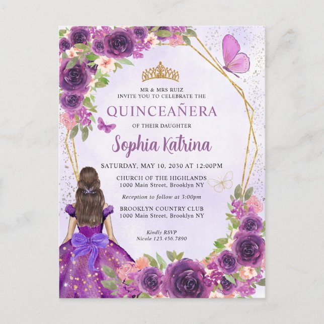Dark Purple Gold Floral Princess Quinceañera Invitation Postcard (Front)