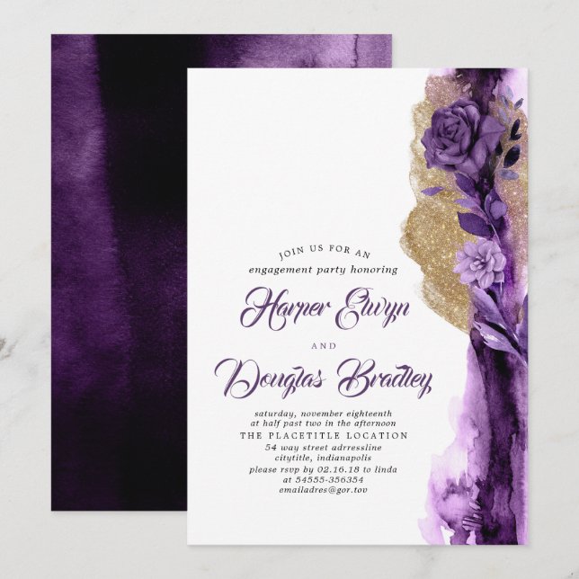 Dark Purple & Gold Glitter Floral Engagement Party Invitation (Front/Back)