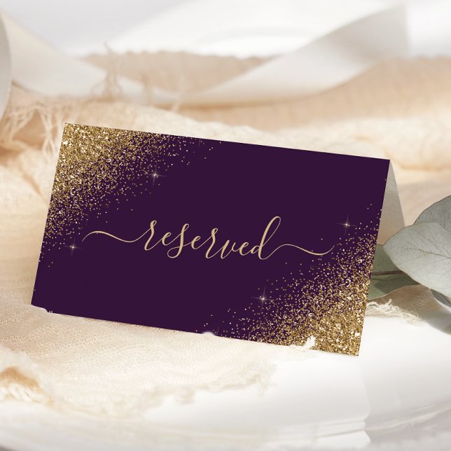 Dark Purple Gold Glitter Reserved Wedding Place Card (Creator Uploaded)