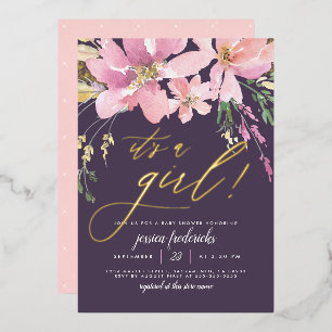 Dark Purple & Gold It's A Girl Floral Baby Shower