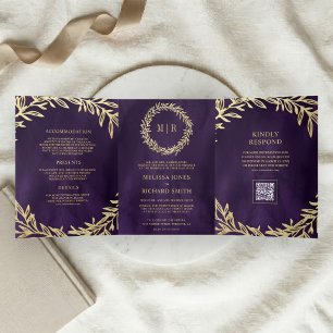 Dark Purple Gold Leaf Branch QR Code Wedding Tri-Fold Invitation