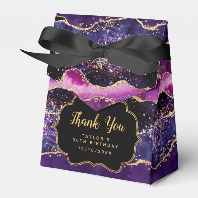 Dark Purple Gold Sequins Agate Birthday Thank You Favor Box (Front Side)