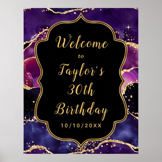 Dark Purple Gold Sequins Agate Birthday Welcome Poster (Front)