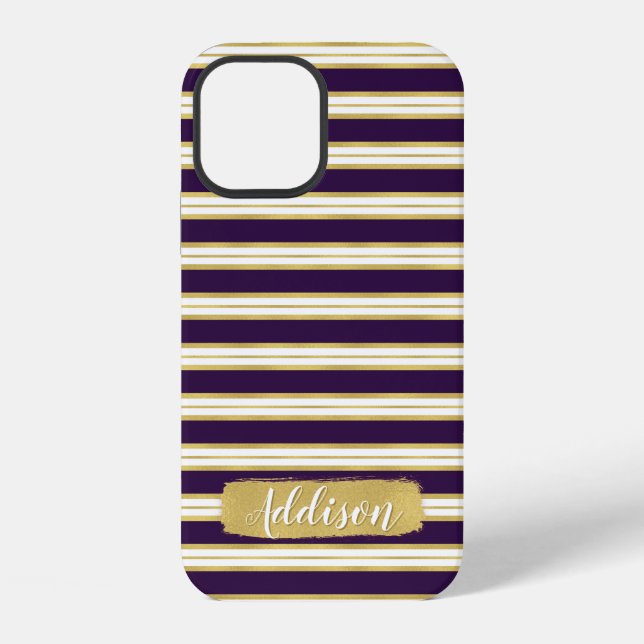 Dark Purple Gold Stripe Pattern Custom Name iPhone Case (Back)
