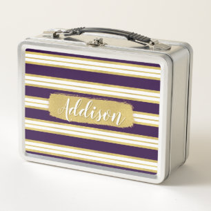 Dark Purple Gold Stripe Pattern Custom Name Metal Lunch Box