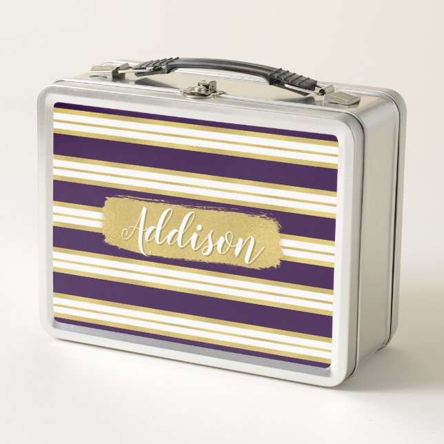 Dark Purple Gold Stripe Pattern Custom Name Metal Lunch Box (Front)
