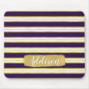 Dark Purple Gold Stripe Pattern Custom Name Mouse Pad