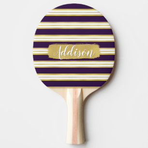 Dark Purple Gold Stripe Pattern Custom Name Ping Pong Paddle
