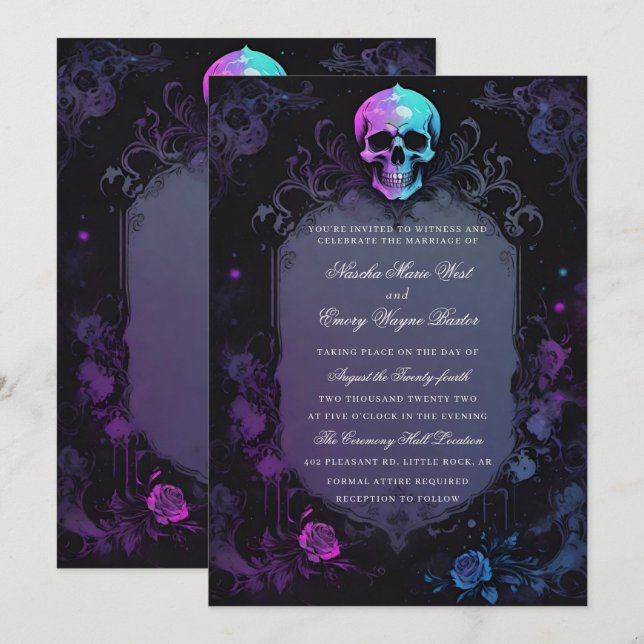 Dark Purple Gothic Boho Floral Skull Wedding Invitation (Front/Back)