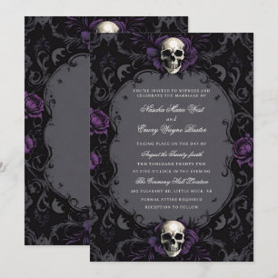 Dark Purple Gothic Boho Floral Skull Wedding Invitation