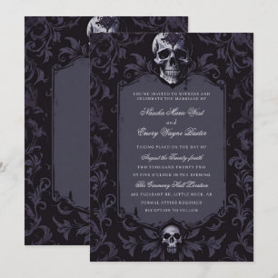 Dark Purple Gothic Boho Floral Skull Wedding Invitation