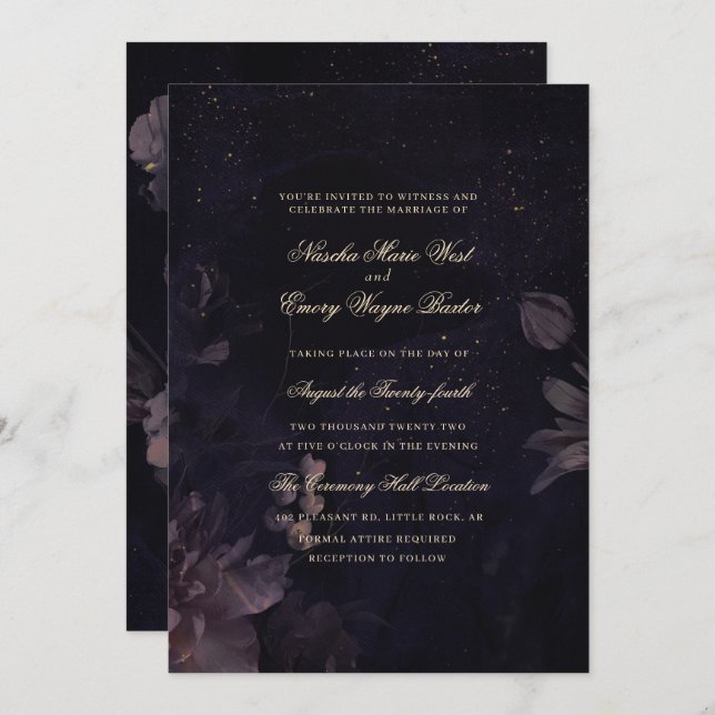 Dark Purple Gothic Boho Floral Wedding Invitation (Front/Back)