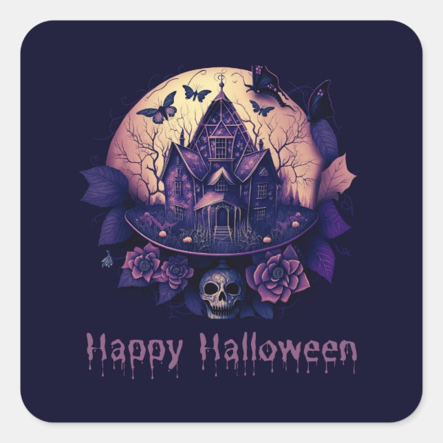Dark Purple Gothic Haunted House Happy Halloween Square Sticker (Front)