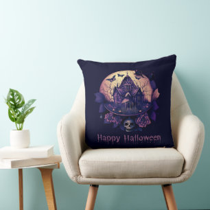Dark Purple Gothic Haunted House Happy Halloween Throw Pillow