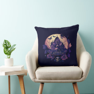 Dark Purple Gothic Haunted House Throw Pillow