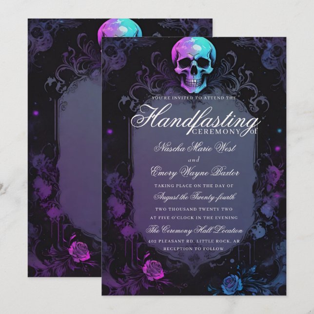 Dark Purple Gothic light Floral Skull Handfasting Invitation (Front/Back)