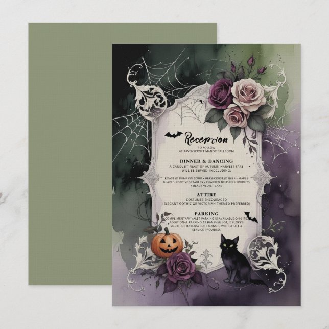 Dark Purple Gothic Roses Halloween Wedding Recepti Invitation (Front/Back)