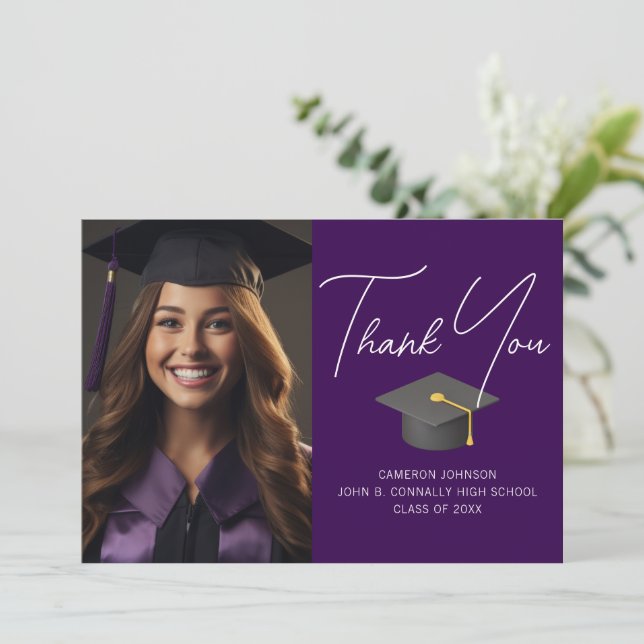 Dark Purple Graduate Photo Personalized Graduation Thank You Card (Standing Front)