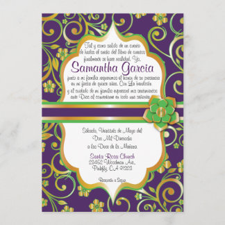 Dark Purple, Green & Gold Spanish Quinceañera Invi Invitation