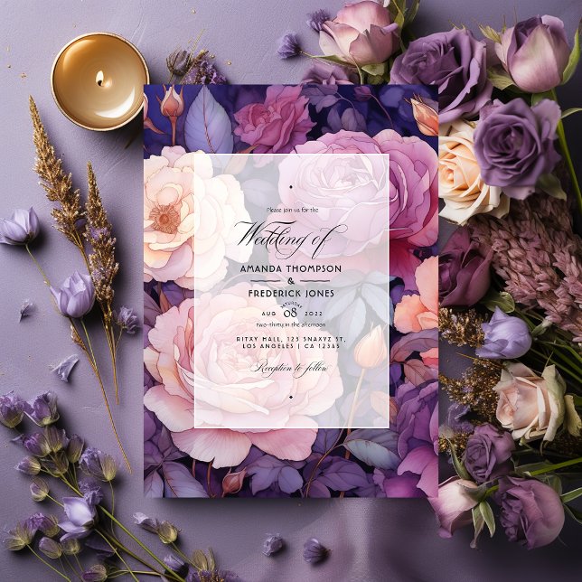 Dark Purple, Lavender and Rose Gold Wedding Invitation (Creator Uploaded)