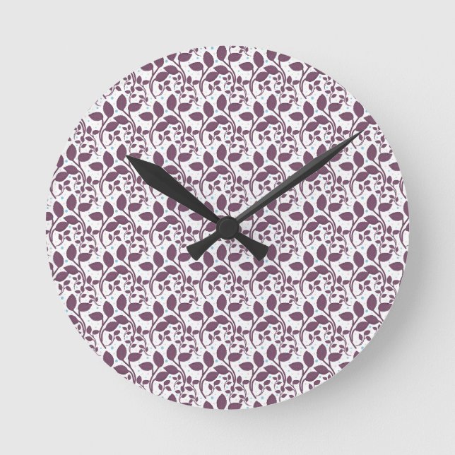 Dark Purple Leaf Pattern, Elegant Botanical Print, Round Clock (Front)