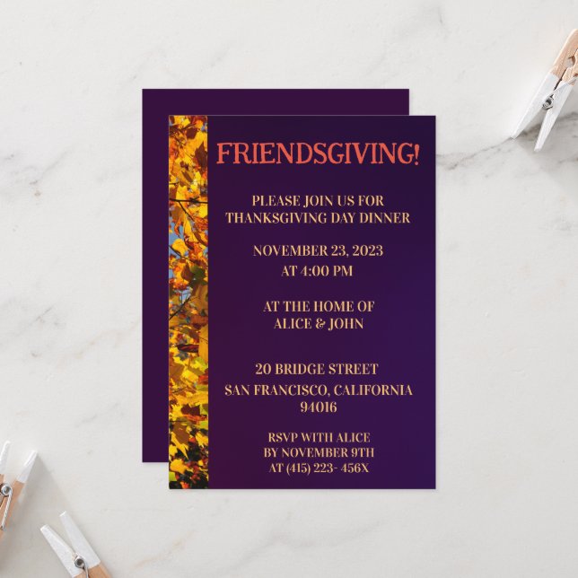 Dark Purple Leaves Thanksgiving Friends Giving Invitation (Front/Back In Situ)
